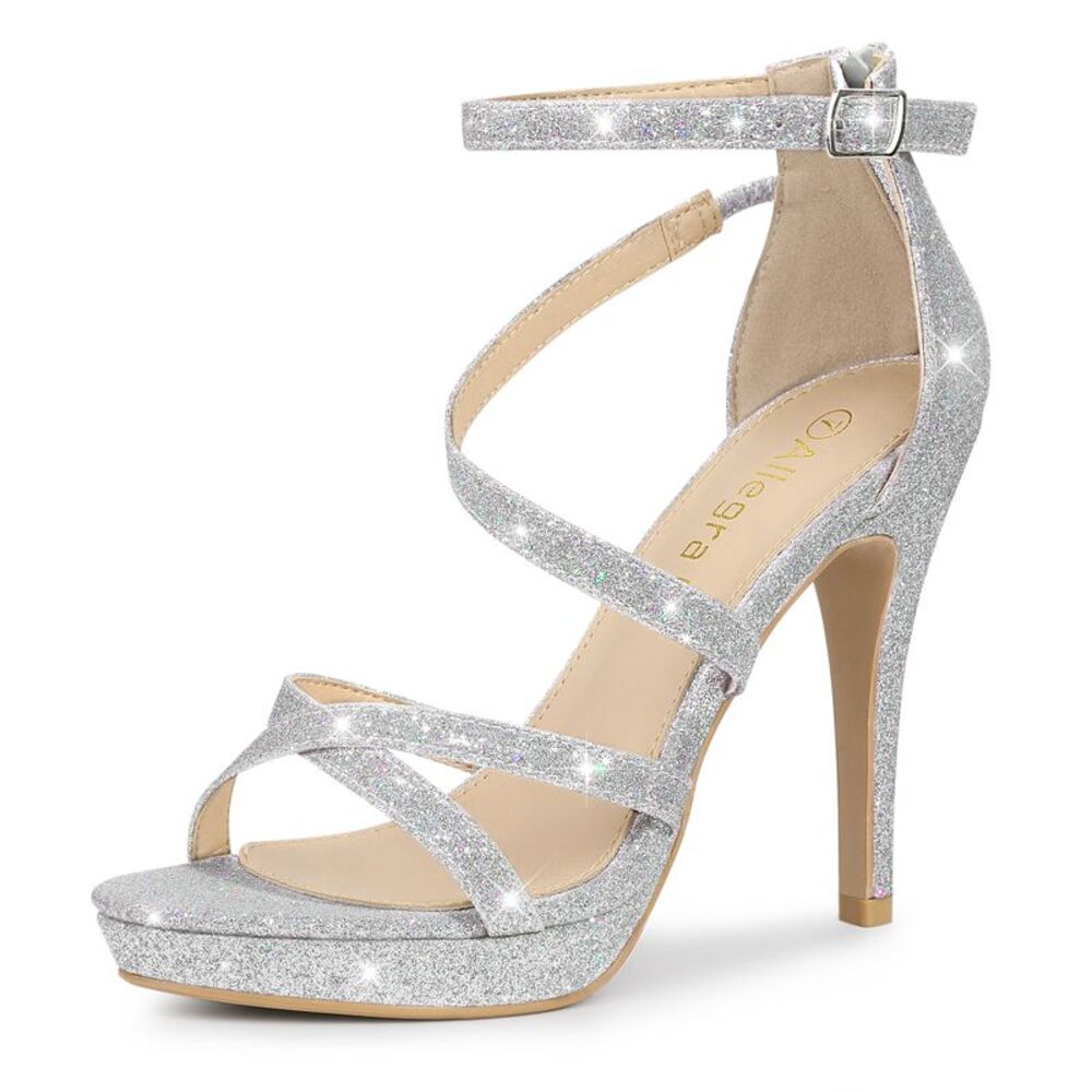 Platform Glitter Strappy Stiletto Heels Sandals Silver
